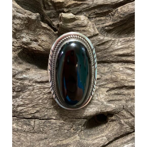 Black Onyx and Sterling Silver Vintage Ring, Size 9 Signed - Picture 2 of 6
